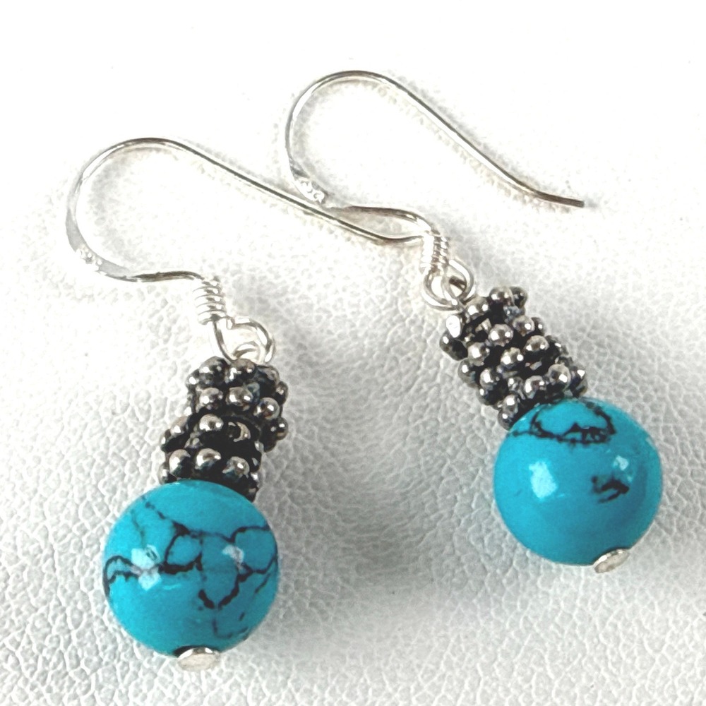 Handmade Stone Earrings‎ Blue Howlite Bead 925 Sterling Silver Drop Dangles